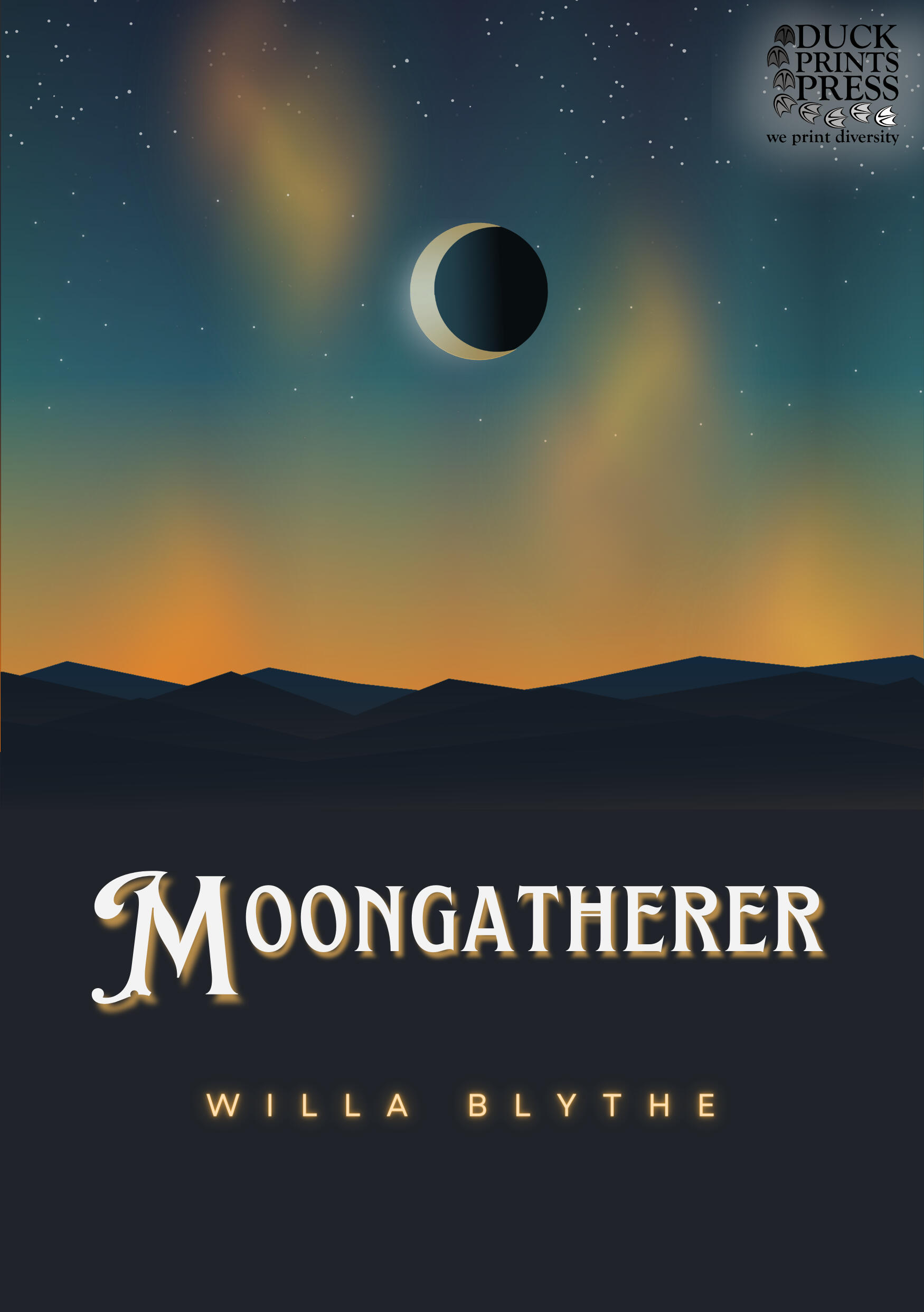 A night sky with a waxing moon in the center, glowing golden. Under it, a mountainous horizon seems to be glowing with spectral flame. In large text, the title, "Moongatherer, " and below that, "Willa Blythe"