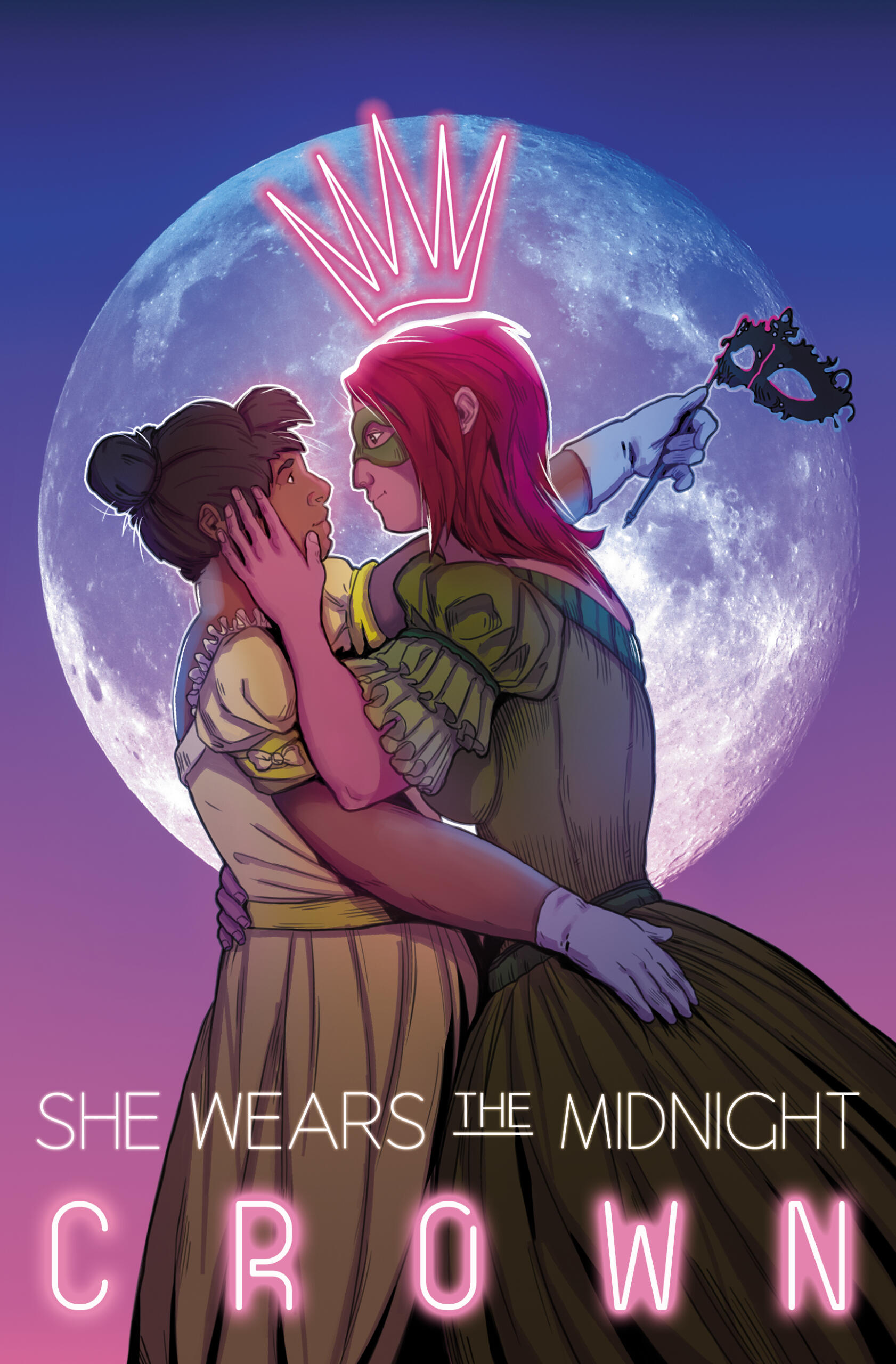 Book cover featuring a femme couple, both in ballgowns, arranged as if they've been dancing. One wears a mask, the other has a mask in her hand as if she's just taken it off. The title says, "She Wears the Midnight Crown"